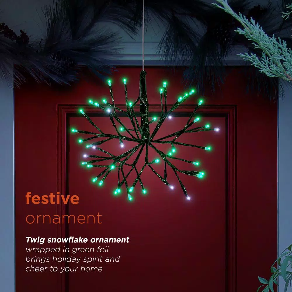 Alpine Corporation 10 In. Tall Christmas Twig Snowflake Ornament With LED Lights, Green 6 Alpine Corporation 10 In. Tall Christmas Twig Snowflake Ornament With LED Lights, Green - Image 4