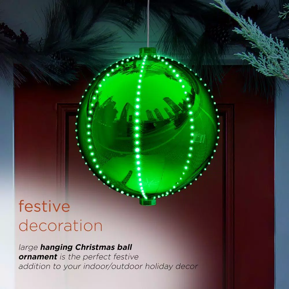Alpine Corporation 13 In. Tall Hanging Christmas Ball Ornament With LED Lights, Green 6 Alpine Corporation 13 In. Tall Hanging Christmas Ball Ornament With LED Lights, Green - Image 4