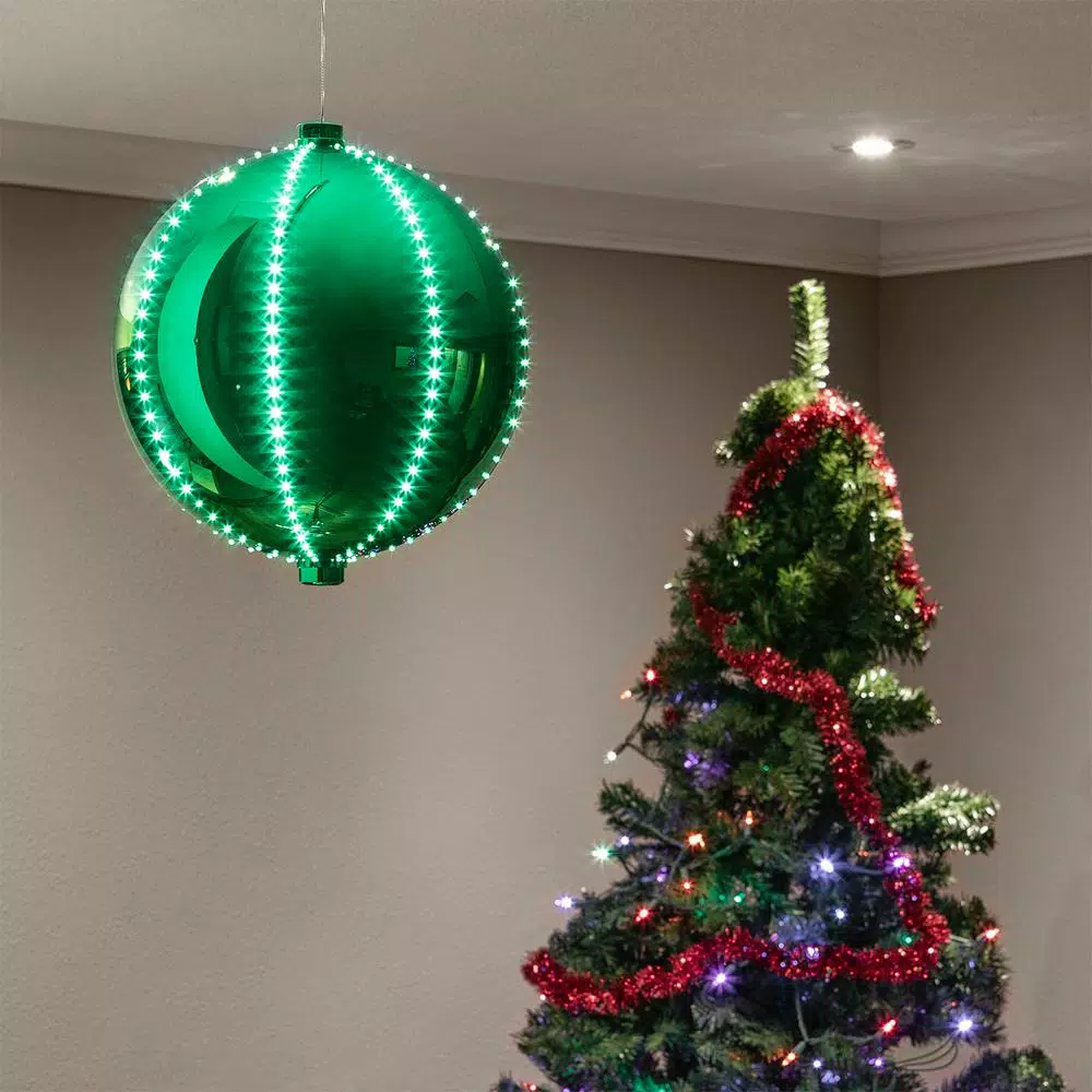 Alpine Corporation 13 In. Tall Hanging Christmas Ball Ornament With LED Lights, Green 4 Alpine Corporation 13 In. Tall Hanging Christmas Ball Ornament With LED Lights, Green - Image 2