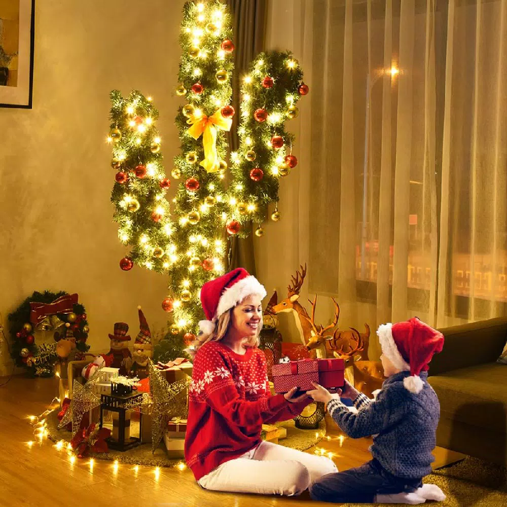 Costway 7 Ft. Pre-Lit Cactus Artificial Christmas Tree With LED Lights And Ball Ornaments 4 Costway 7 Ft. Pre-Lit Cactus Artificial Christmas Tree With LED Lights And Ball Ornaments - Image 2