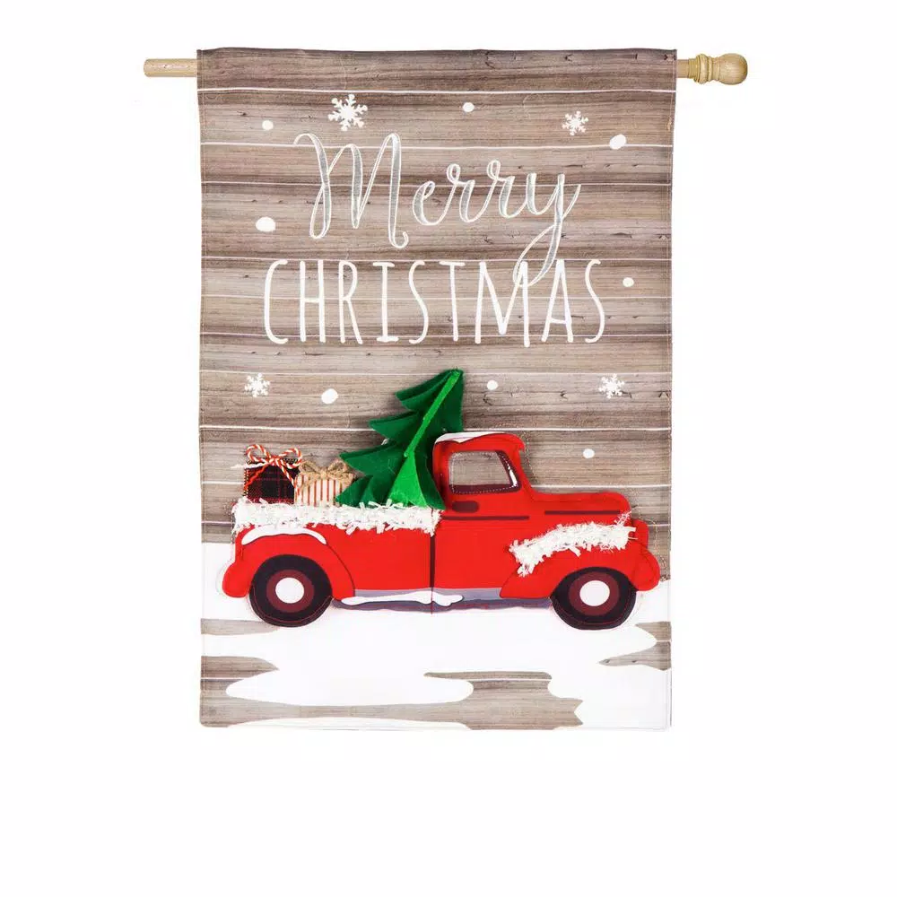 Evergreen 28 In. X 44 In. Vintage Christmas Truck House Linen Flag 3 Evergreen 28 In. X 44 In. Vintage Christmas Truck House Linen Flag