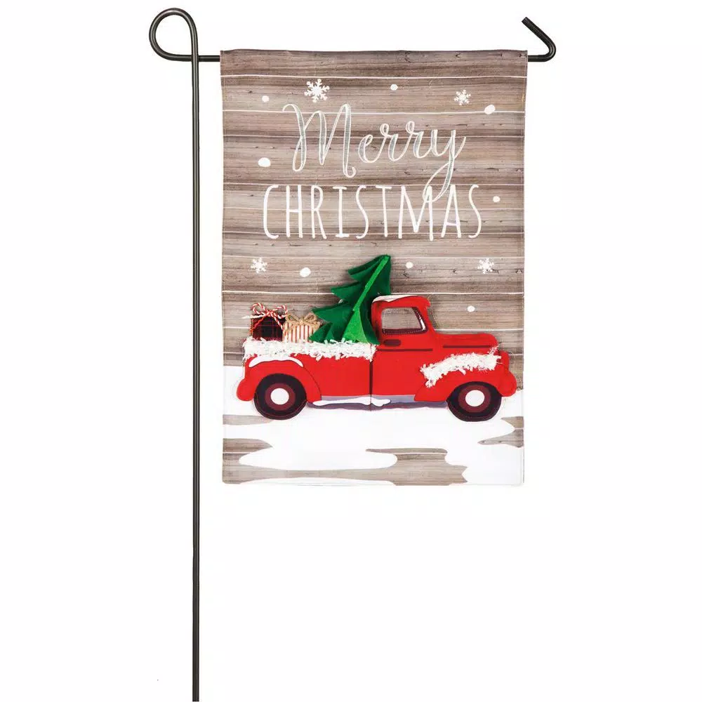Evergreen 18 In. X 12.5 In. Vintage Christmas Truck Garden Linen Flag 3 Evergreen 18 In. X 12.5 In. Vintage Christmas Truck Garden Linen Flag