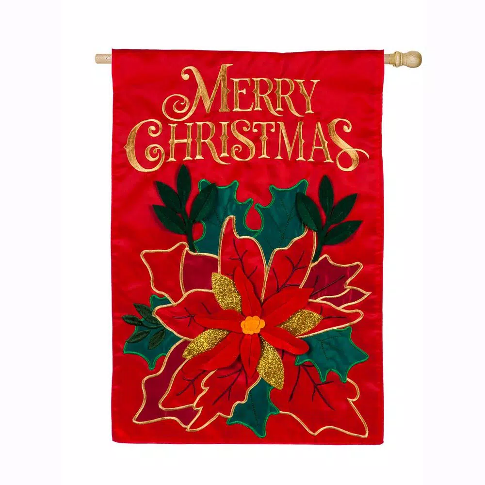 Evergreen 28 In. X 44 In. Christmas Poinsettia House Applique Flag 3 Evergreen 28 In. X 44 In. Christmas Poinsettia House Applique Flag