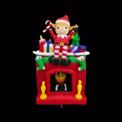 Fraser Hill Farm 6.5 Ft. Pre-Lit Elf Sitting On A Fireplace Christmas Inflatable