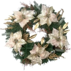 Fraser Hill Farm 24 In. Artificial Christmas Wreath With Poinsettias, Ornaments And Gold Berries