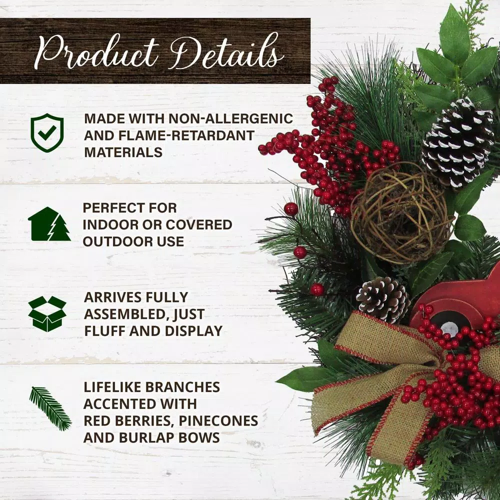 Fraser Hill Farm 24 In. Artificial Christmas Wreath With Pinecones, Burlap Bows And Wooden Truck Decoration 5 Fraser Hill Farm 24 In. Artificial Christmas Wreath With Pinecones, Burlap Bows And Wooden Truck Decoration - Image 3