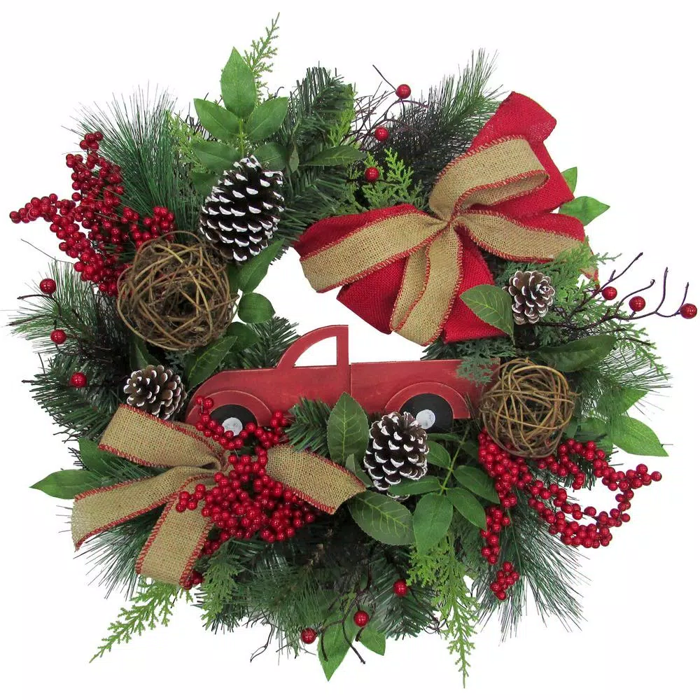 Fraser Hill Farm 24 In. Artificial Christmas Wreath With Pinecones, Burlap Bows And Wooden Truck Decoration 3 Fraser Hill Farm 24 In. Artificial Christmas Wreath With Pinecones, Burlap Bows And Wooden Truck Decoration