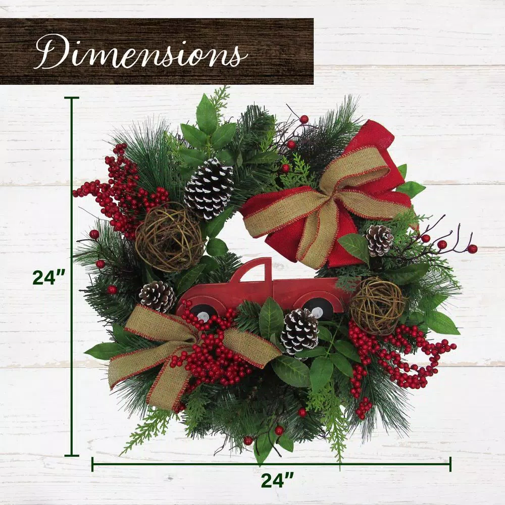 Fraser Hill Farm 24 In. Artificial Christmas Wreath With Pinecones, Burlap Bows And Wooden Truck Decoration 4 Fraser Hill Farm 24 In. Artificial Christmas Wreath With Pinecones, Burlap Bows And Wooden Truck Decoration - Image 2