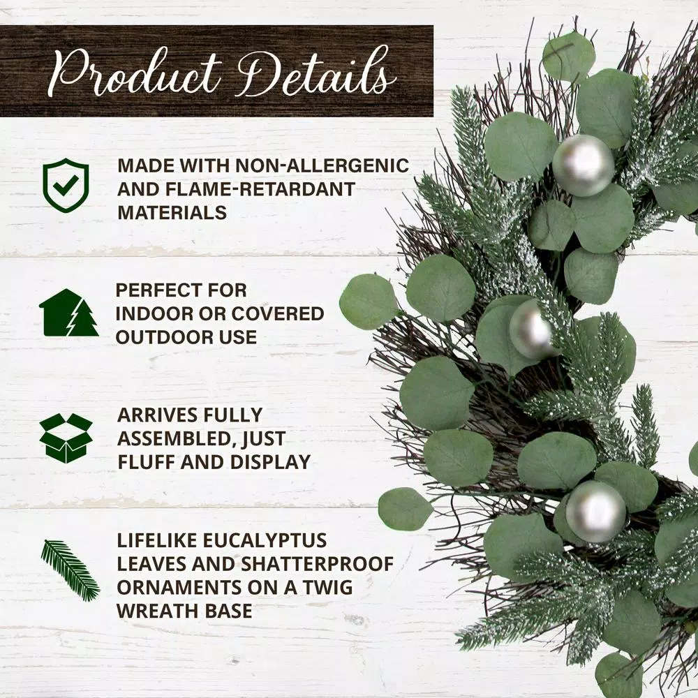 Fraser Hill Farm 24 In. Artificial Christmas Wreath With Ornaments And Frosted Pine Branches 5 Fraser Hill Farm 24 In. Artificial Christmas Wreath With Ornaments And Frosted Pine Branches - Image 3