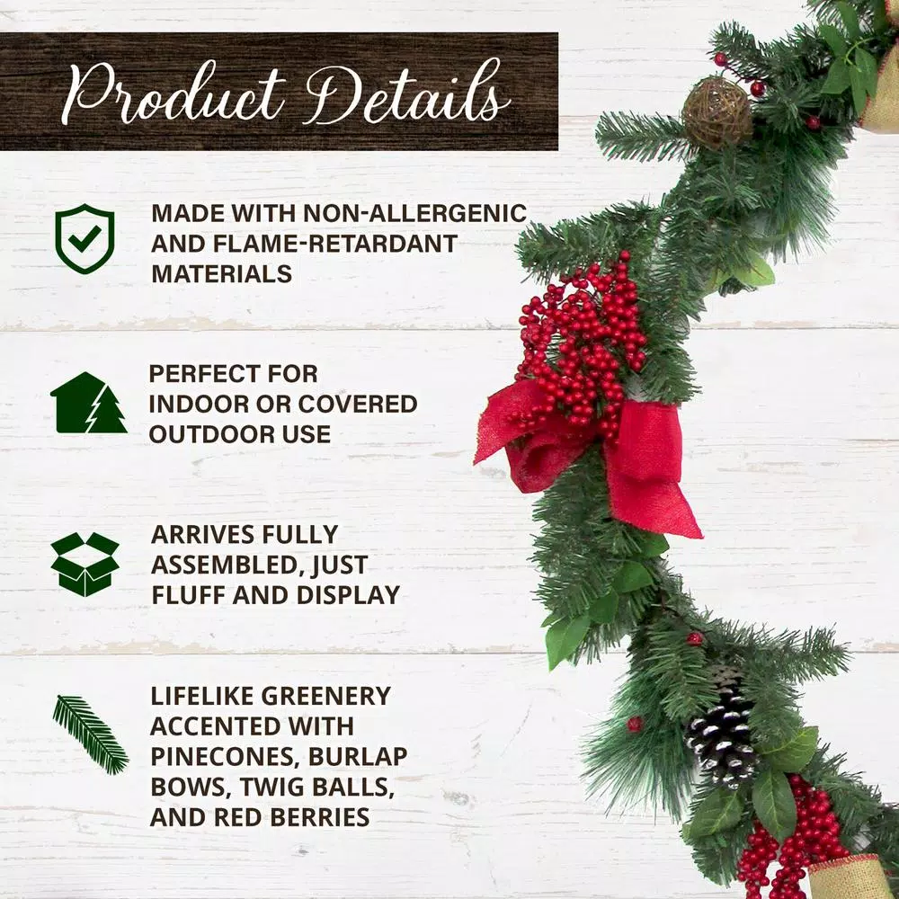 Fraser Hill Farm 24 In. Artificial Christmas Wreath With Garland, Pinecones, Bows, And Berries 4 Fraser Hill Farm 24 In. Artificial Christmas Wreath With Garland, Pinecones, Bows, And Berries - Image 2