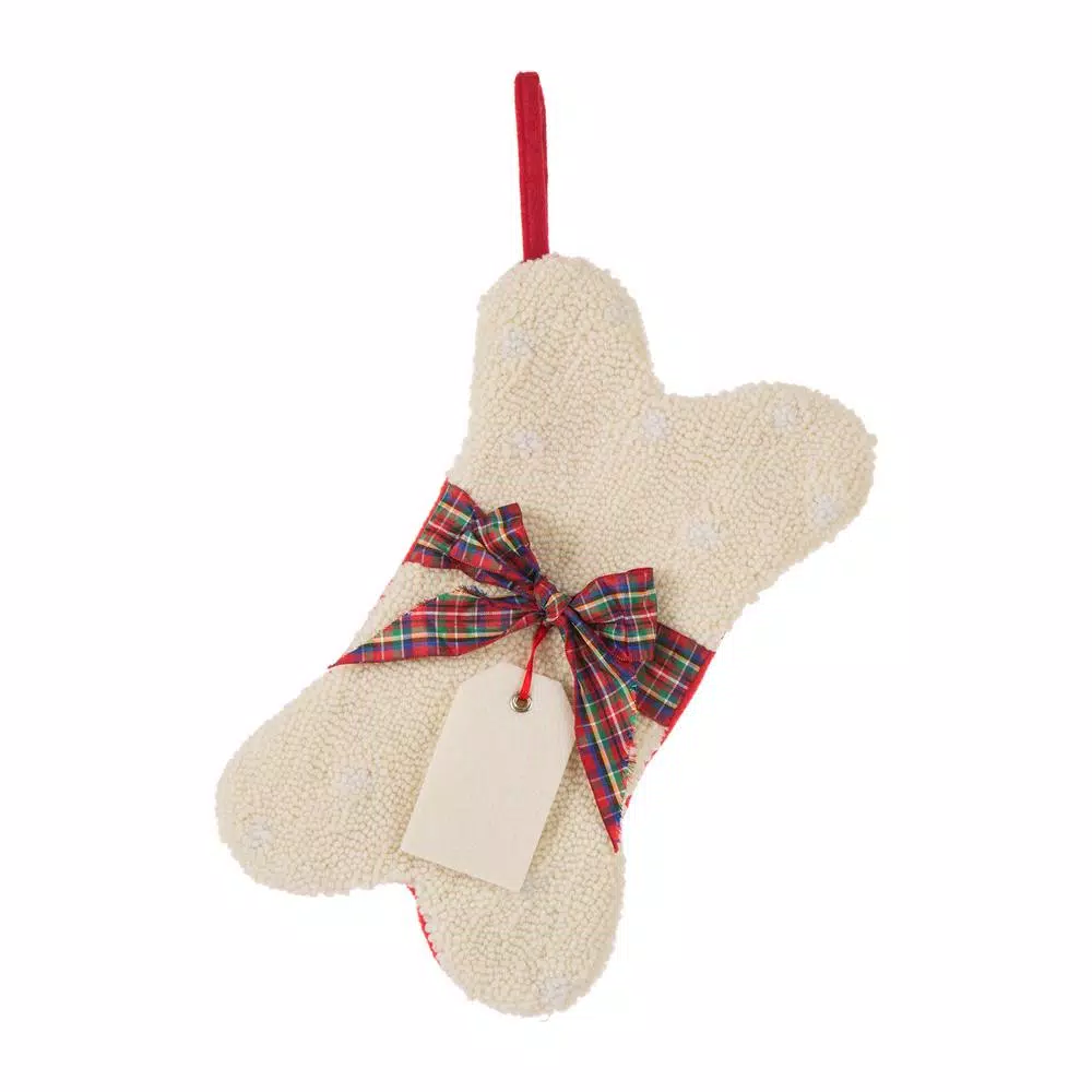 Glitzhome 12.5 In. Hooked Christmas Decor Stocking With Bone Shape 3 Glitzhome 12.5 In. Hooked Christmas Decor Stocking With Bone Shape