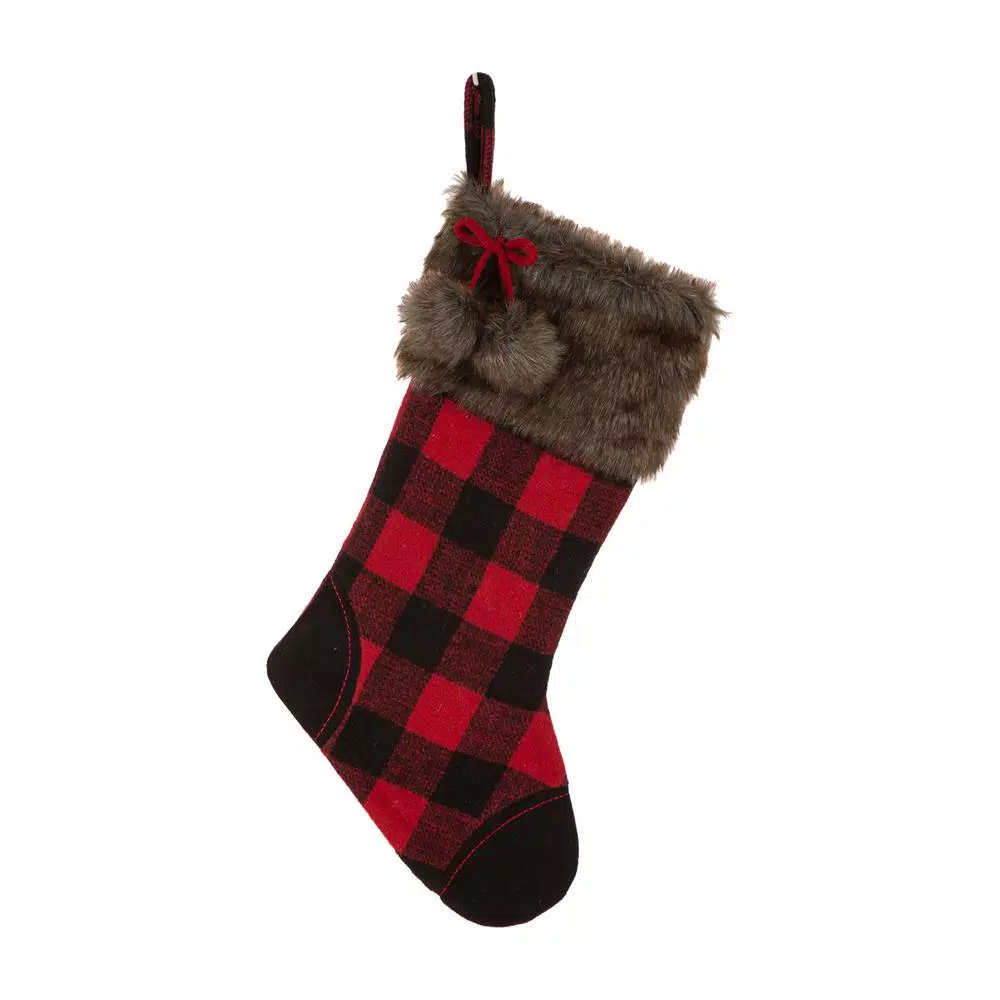 Glitzhome 21 In. H Black/Red Polyester Fur Buffalo Plaid Christmas Stocking 3 Glitzhome 21 In. H Black/Red Polyester Fur Buffalo Plaid Christmas Stocking