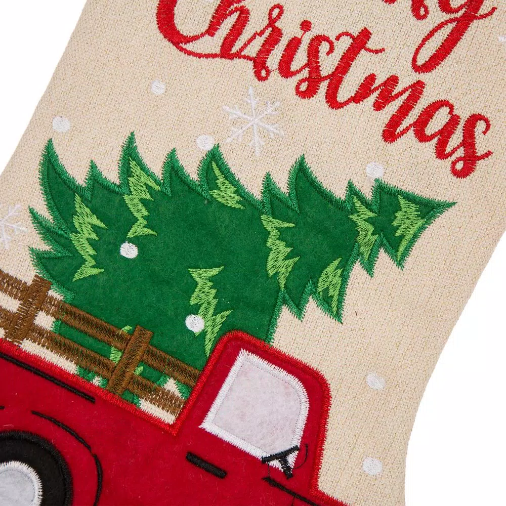 Glitzhome 21 In. L Embroidered Linen Christmas Stocking – Red Truck 6 Glitzhome 21 In. L Embroidered Linen Christmas Stocking – Red Truck - Image 4