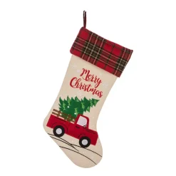 Glitzhome 21 In. L Embroidered Linen Christmas Stocking – Red Truck