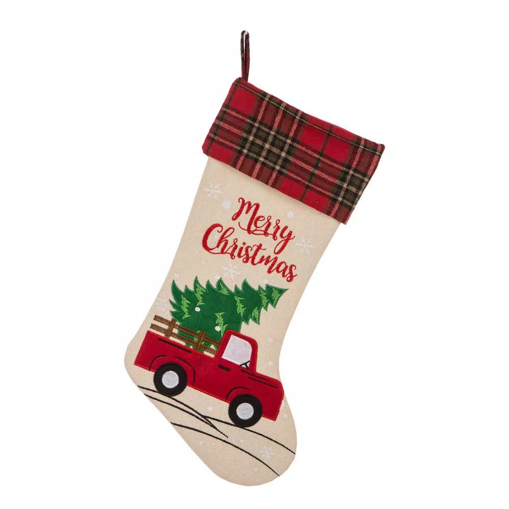 Glitzhome 21 In. L Embroidered Linen Christmas Stocking – Red Truck 3 Glitzhome 21 In. L Embroidered Linen Christmas Stocking – Red Truck