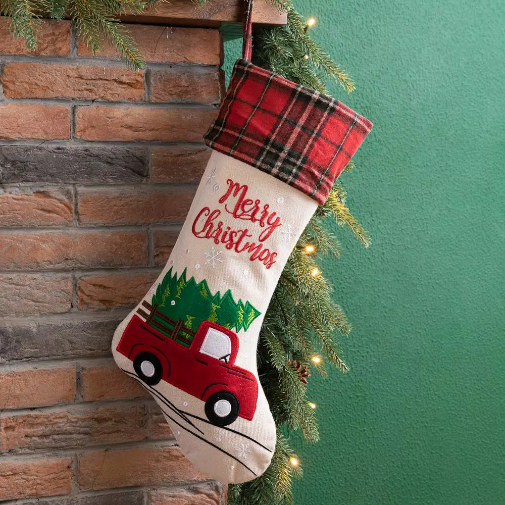 Glitzhome 21 In. L Embroidered Linen Christmas Stocking – Red Truck 9 Glitzhome 21 In. L Embroidered Linen Christmas Stocking – Red Truck - Image 7