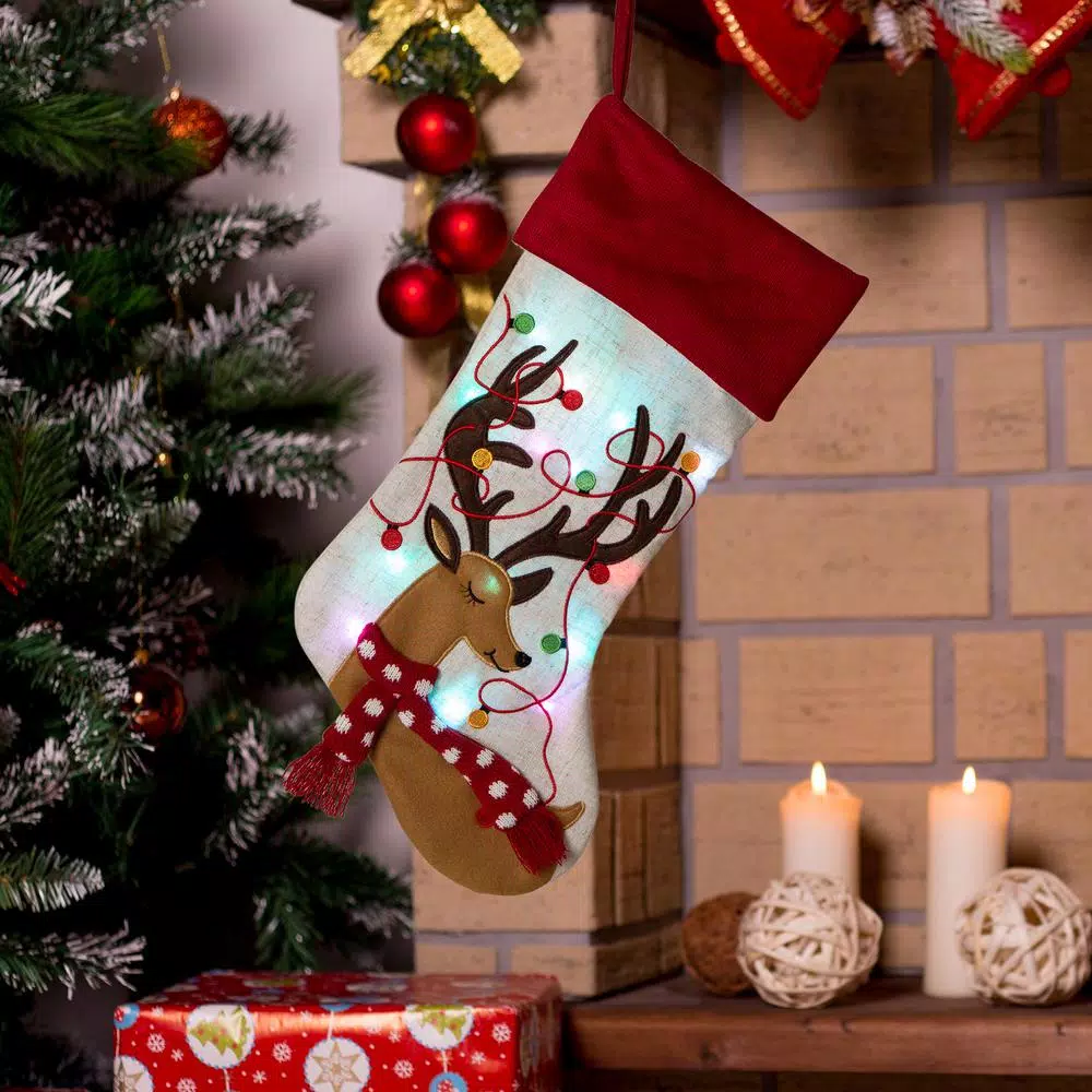 Glitzhome 21 In. L LED Embroidered Linen Christmas Stocking – Reindeer 9 Glitzhome 21 In. L LED Embroidered Linen Christmas Stocking – Reindeer - Image 7