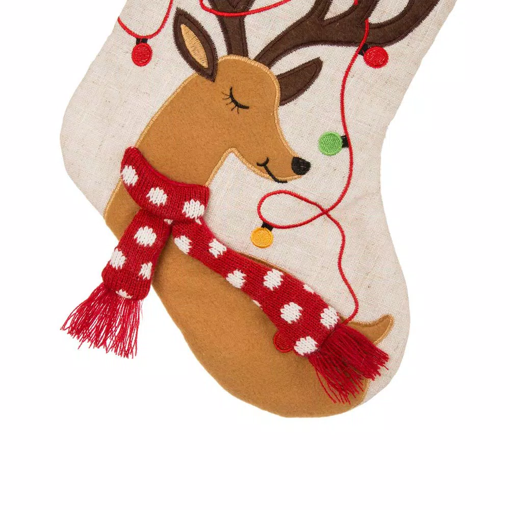 Glitzhome 21 In. L LED Embroidered Linen Christmas Stocking – Reindeer 7 Glitzhome 21 In. L LED Embroidered Linen Christmas Stocking – Reindeer - Image 5