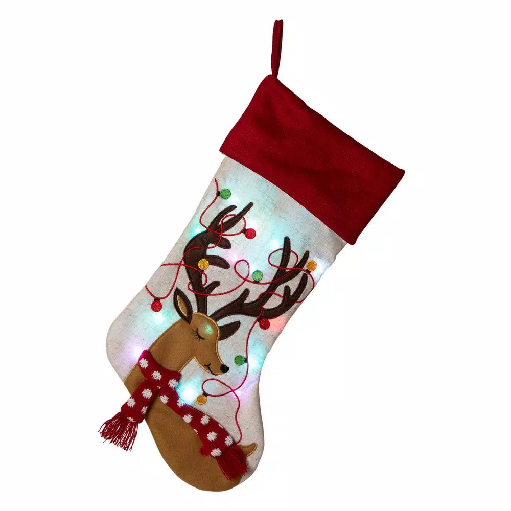 Glitzhome 21 In. L LED Embroidered Linen Christmas Stocking – Reindeer 3 Glitzhome 21 In. L LED Embroidered Linen Christmas Stocking – Reindeer
