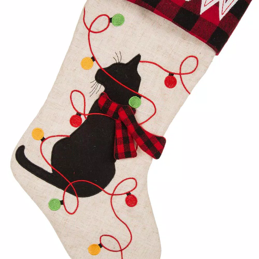 Glitzhome 21 In. L LED Embroidered Linen Christmas Stocking – Cat 7 Glitzhome 21 In. L LED Embroidered Linen Christmas Stocking – Cat - Image 5