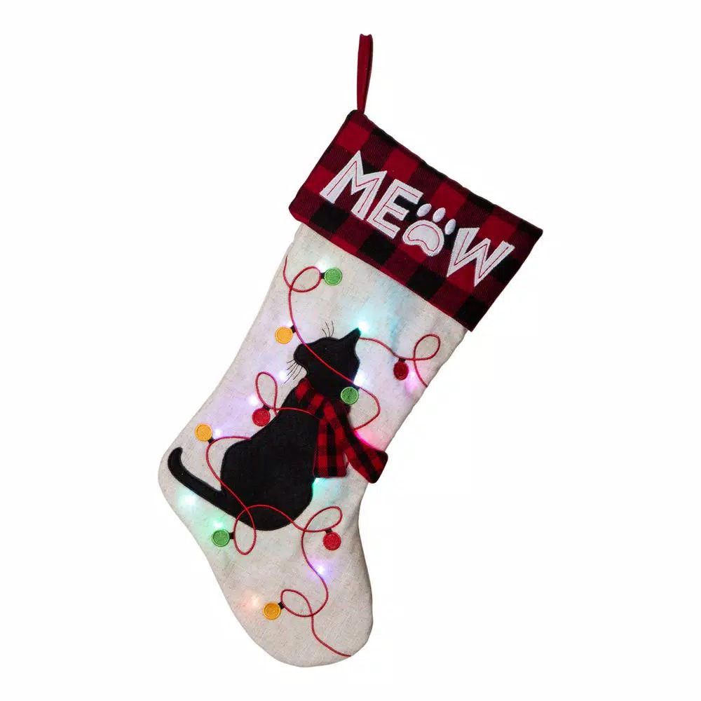 Glitzhome 21 In. L LED Embroidered Linen Christmas Stocking – Cat 3 Glitzhome 21 In. L LED Embroidered Linen Christmas Stocking – Cat