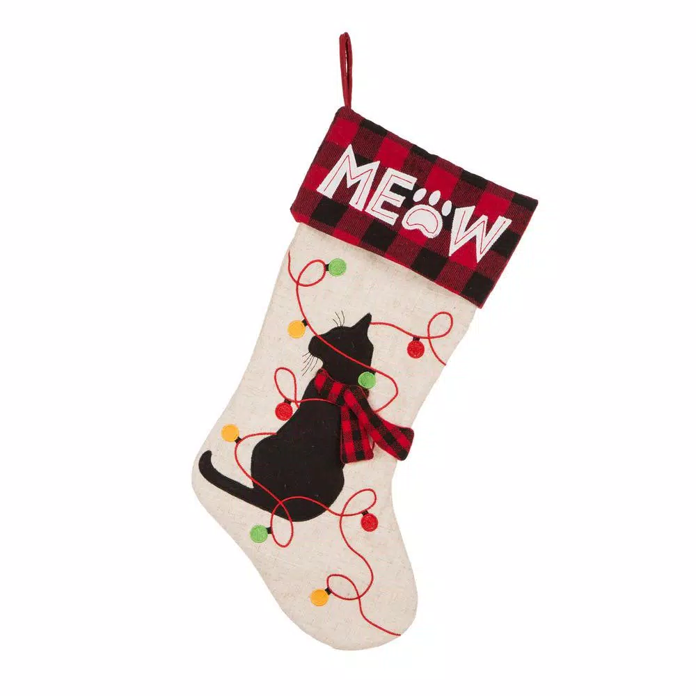 Glitzhome 21 In. L LED Embroidered Linen Christmas Stocking – Cat 4 Glitzhome 21 In. L LED Embroidered Linen Christmas Stocking – Cat - Image 2