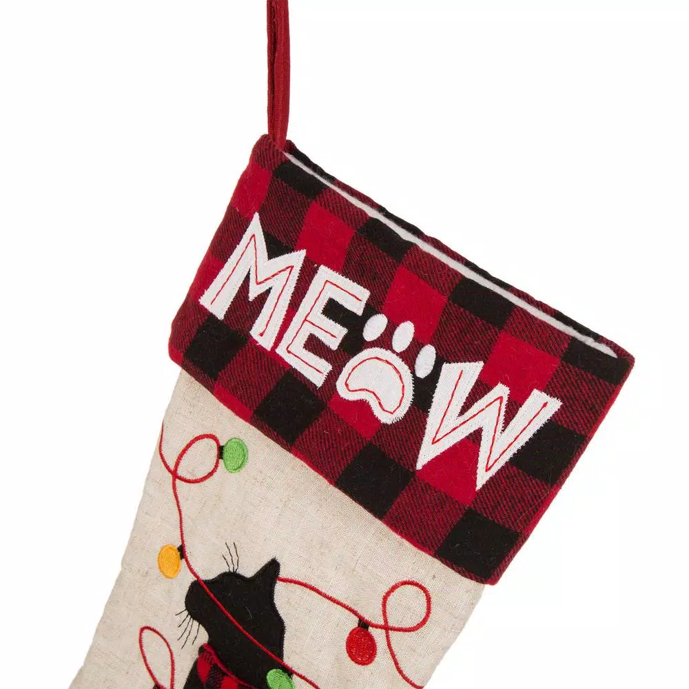 Glitzhome 21 In. L LED Embroidered Linen Christmas Stocking – Cat 8 Glitzhome 21 In. L LED Embroidered Linen Christmas Stocking – Cat - Image 6