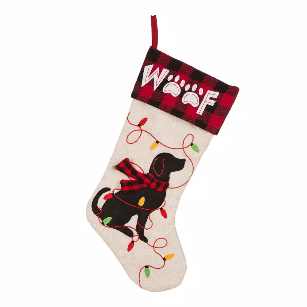 Glitzhome 21 In. L LED Embroidered Linen Christmas Stocking – Dog 4 Glitzhome 21 In. L LED Embroidered Linen Christmas Stocking – Dog - Image 2