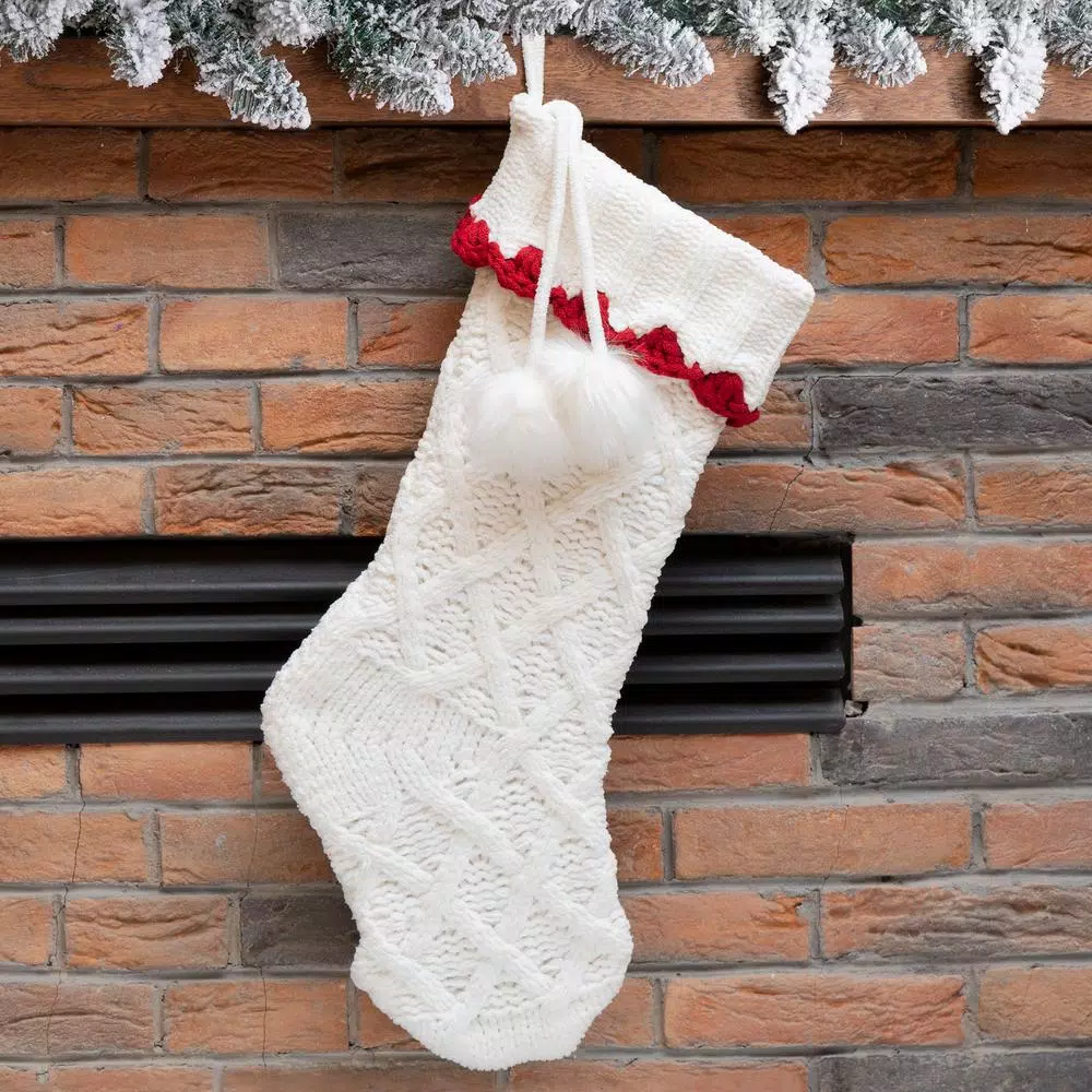 Glitzhome 22 In. L Knitted Polyester White Christmas Stocking With Red Trim And Pompom 9 Glitzhome 22 In. L Knitted Polyester White Christmas Stocking With Red Trim And Pompom - Image 7