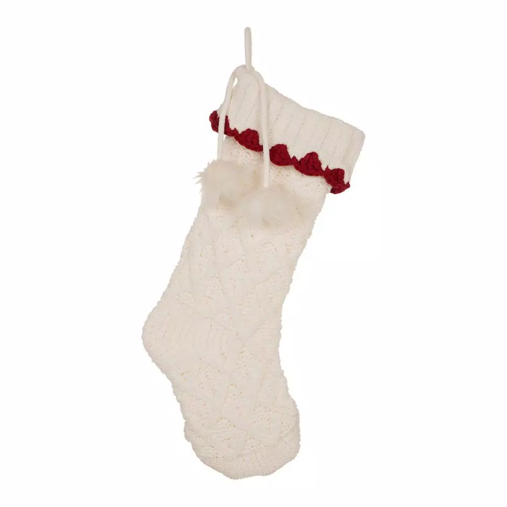 Glitzhome 22 In. L Knitted Polyester White Christmas Stocking With Red Trim And Pompom 3 Glitzhome 22 In. L Knitted Polyester White Christmas Stocking With Red Trim And Pompom