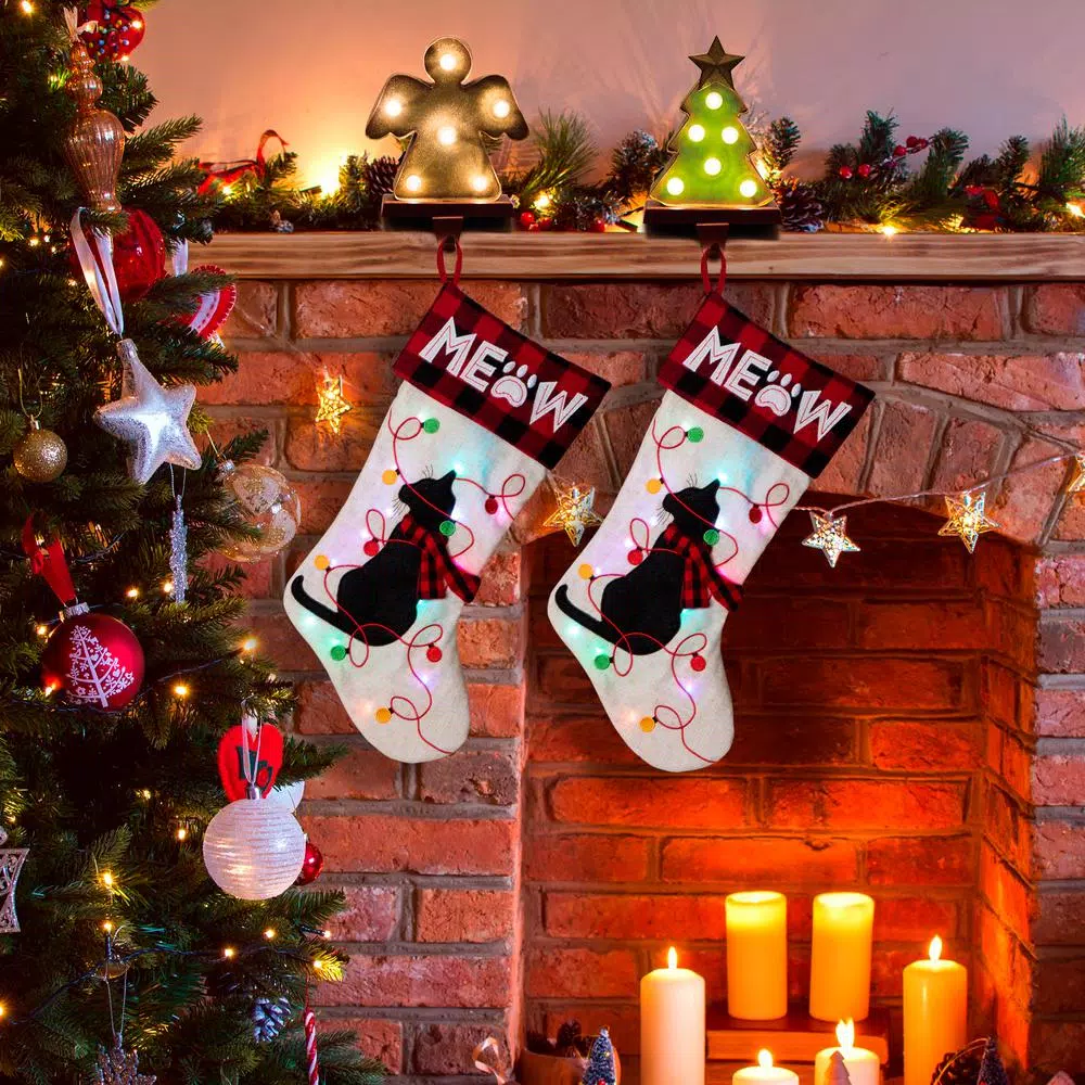 Glitzhome 21 In. Polyester LED Embroidered Linen Cat Christmas Stocking (2-Pack) 10 Glitzhome 21 In. Polyester LED Embroidered Linen Cat Christmas Stocking (2-Pack) - Image 8