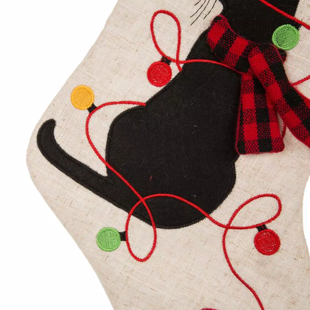 Glitzhome 21 In. Polyester LED Embroidered Linen Cat Christmas Stocking (2-Pack) 7 Glitzhome 21 In. Polyester LED Embroidered Linen Cat Christmas Stocking (2-Pack) - Image 5