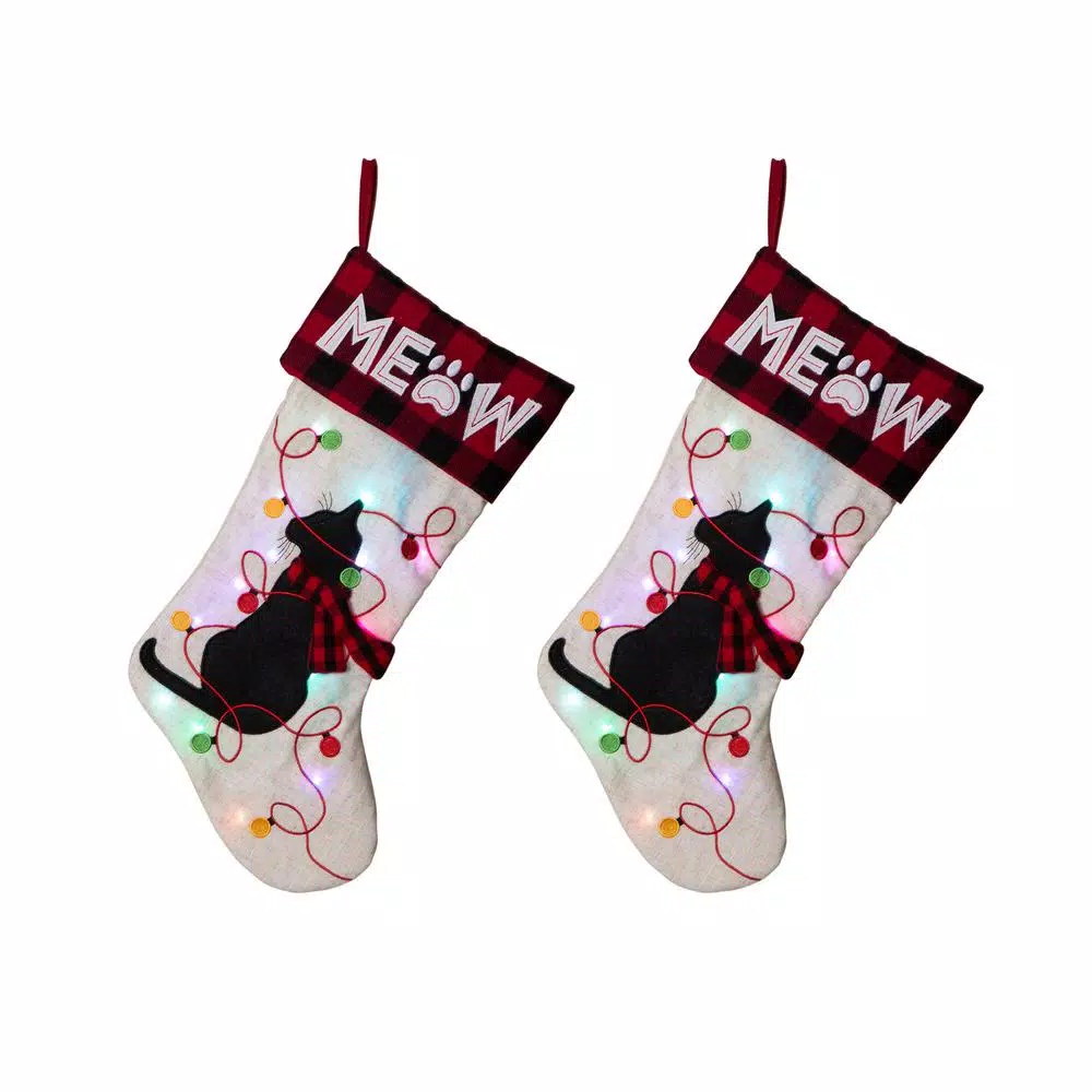 Glitzhome 21 In. Polyester LED Embroidered Linen Cat Christmas Stocking (2-Pack) 3 Glitzhome 21 In. Polyester LED Embroidered Linen Cat Christmas Stocking (2-Pack)