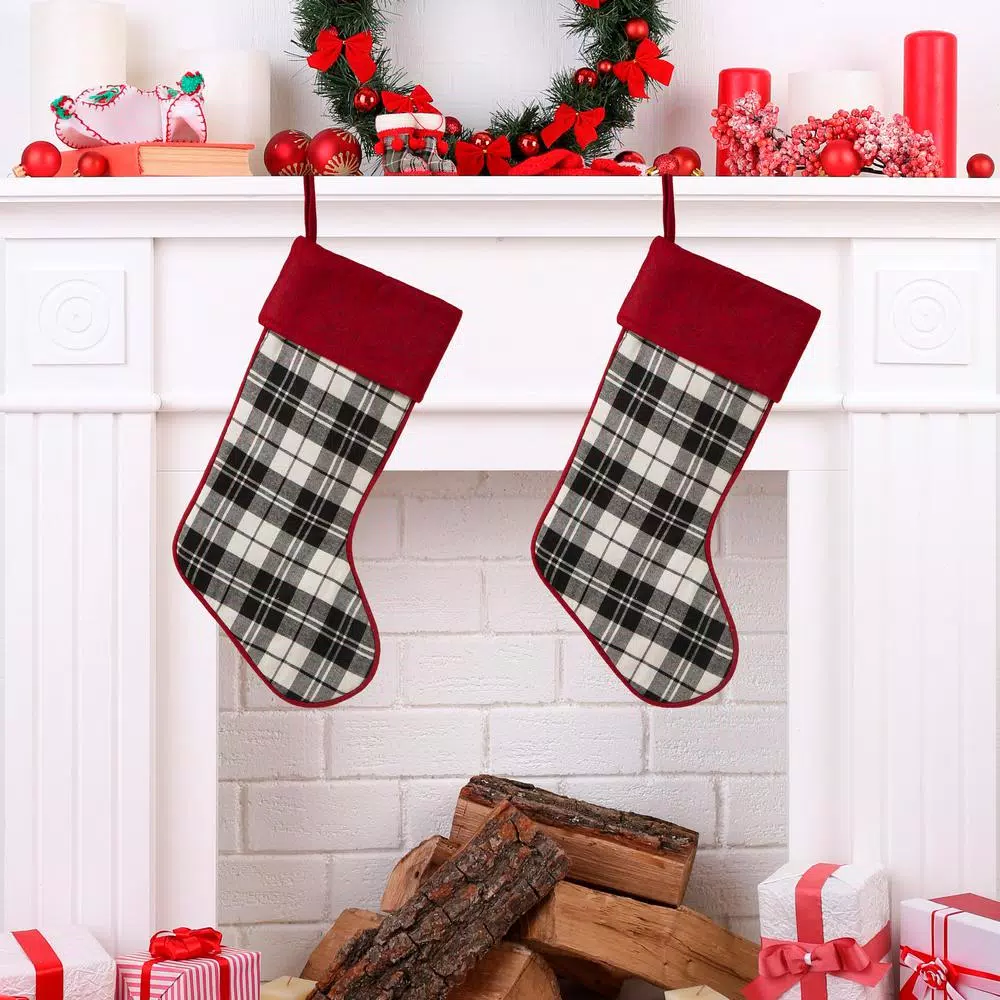 Glitzhome 20 In. Black And White Cotton/Spandex Plaid Fabric Cotton Christmas Stocking Decoration (2-Pack) 9 Glitzhome 20 In. Black And White Cotton/Spandex Plaid Fabric Cotton Christmas Stocking Decoration (2-Pack) - Image 7