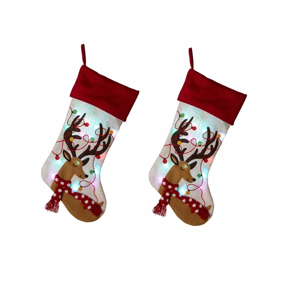Glitzhome 21 In. H LED Embroidered Polyester Linen Christmas Decoration Stocking (2-Pack) 3 Glitzhome 21 In. H LED Embroidered Polyester Linen Christmas Decoration Stocking (2-Pack)