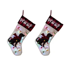 Glitzhome 21 In. Polyester LED Embroidered Linen Christmas Dog Stocking (2-Pack)