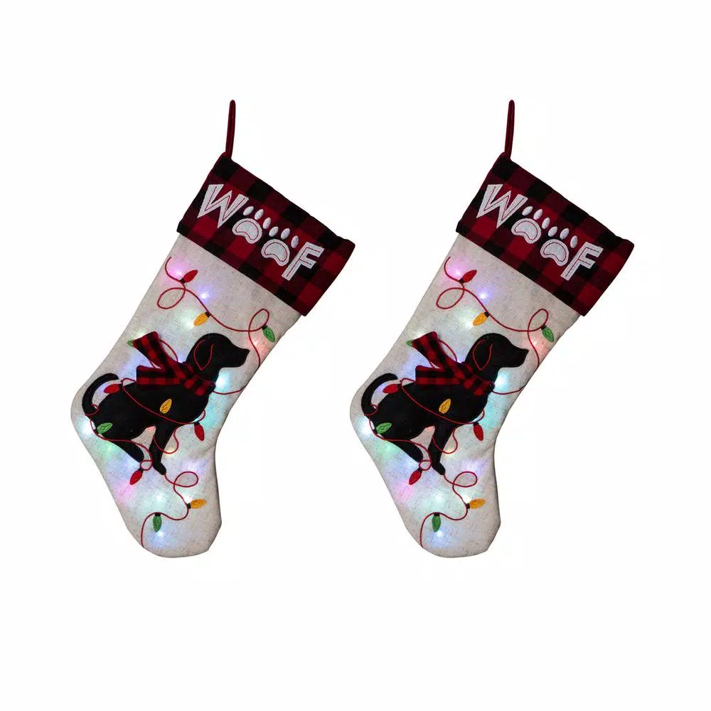 Glitzhome 21 In. Polyester LED Embroidered Linen Christmas Dog Stocking (2-Pack) 3 Glitzhome 21 In. Polyester LED Embroidered Linen Christmas Dog Stocking (2-Pack)