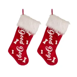 Glitzhome 21 In. H Polyester Velvet Christmas Stocking With Plush Cuff- Good Dog (2-Pack)