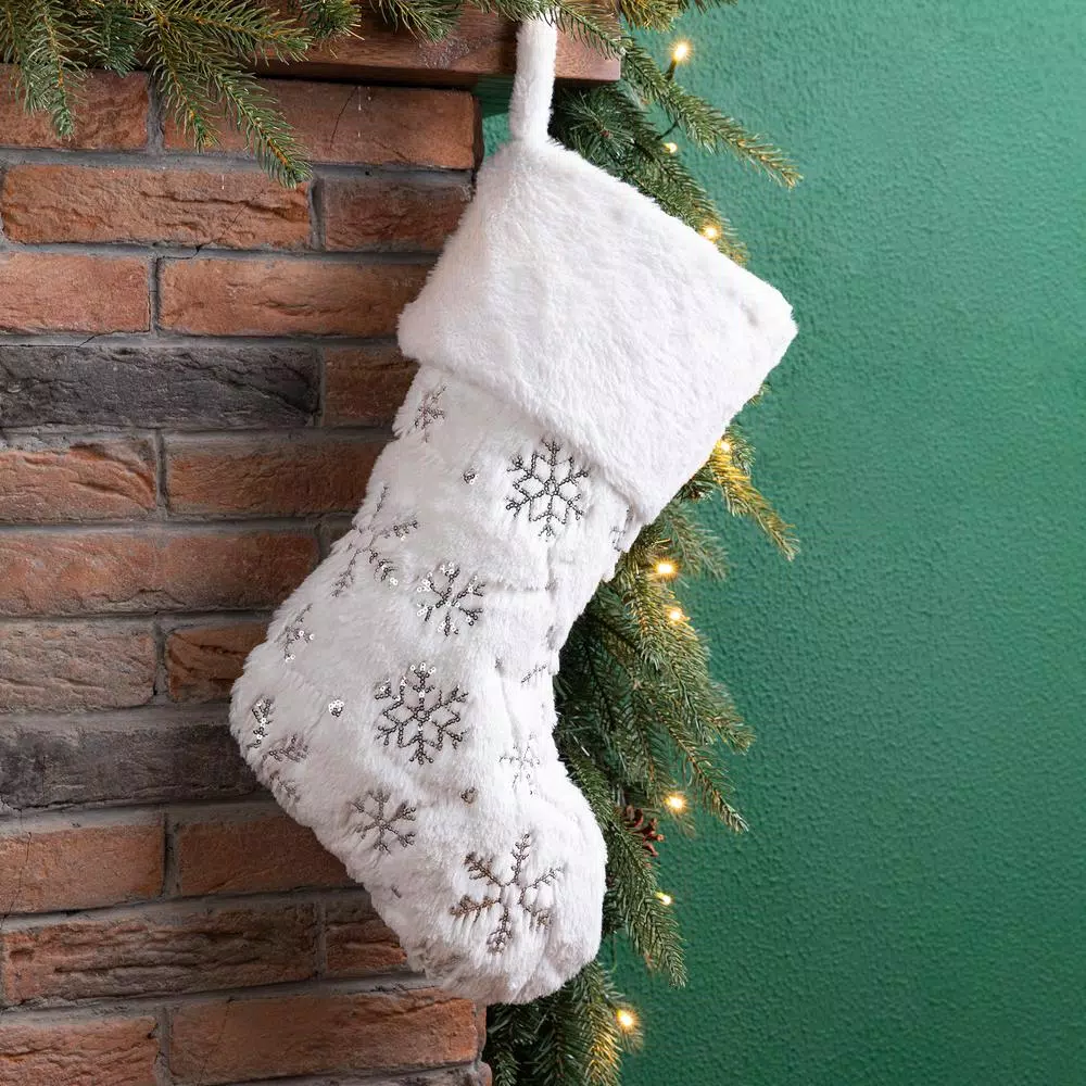 Glitzhome 21 In. H Polyester White Plush Stocking With Snowflake Christmas 7 Glitzhome 21 In. H Polyester White Plush Stocking With Snowflake Christmas - Image 5