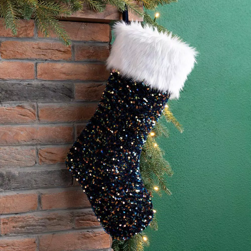 Glitzhome 21 In. H Polyester Navy Blue Sequin Christmas Stocking 7 Glitzhome 21 In. H Polyester Navy Blue Sequin Christmas Stocking - Image 5