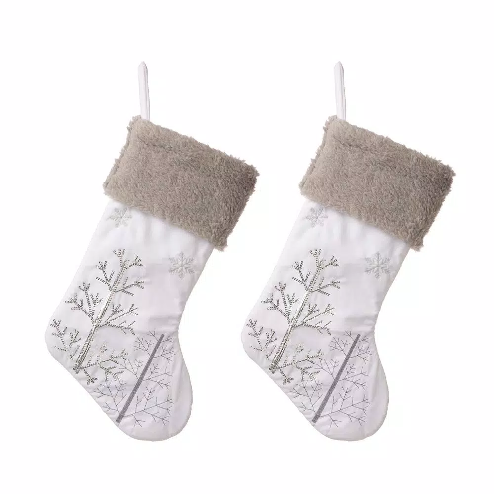 Glitzhome 21 In. H Polyester White Fleece Stocking With Christmas Tree And Snowflake (2-Pack) 3 Glitzhome 21 In. H Polyester White Fleece Stocking With Christmas Tree And Snowflake (2-Pack)