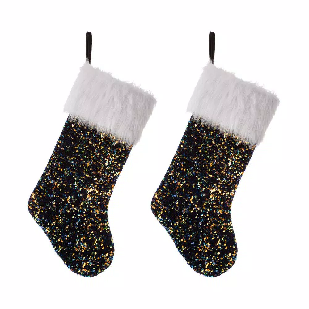 Glitzhome 21 In. H Polyester Navy Blue Sequin Christmas Stocking (2-Pack) 3 Glitzhome 21 In. H Polyester Navy Blue Sequin Christmas Stocking (2-Pack)