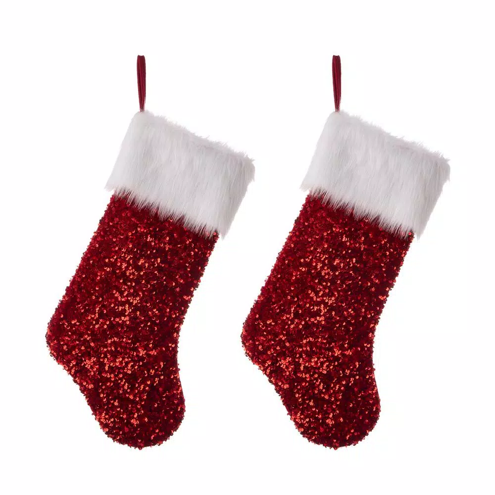 Glitzhome 21 In. H Polyester Red Sequin Christmas Stocking (2-Pack) 3 Glitzhome 21 In. H Polyester Red Sequin Christmas Stocking (2-Pack)