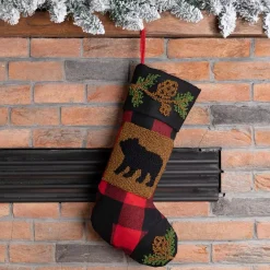 Glitzhome 19 In. Polyester/Acrylic Plaid Christmas Stocking With Rug Hooked Bear -Alpine Corporation Shop glitzhome christmas stockings jk13225pfb 31 1000