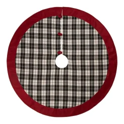 Glitzhome 48 In. D Black And White Plaid Fabric Christmas Tree Skirt With Red Trim