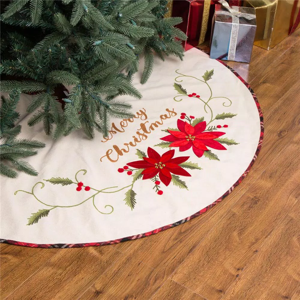 Glitzhome 48 In. D Fabric Christmas Tree Skirt In Poinsettia 10 Glitzhome 48 In. D Fabric Christmas Tree Skirt In Poinsettia - Image 8