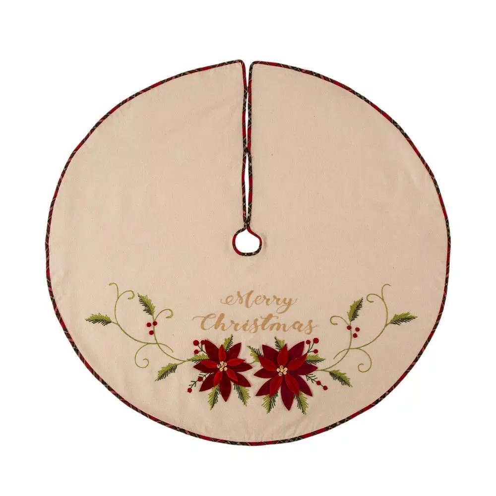Glitzhome 48 In. D Fabric Christmas Tree Skirt In Poinsettia 3 Glitzhome 48 In. D Fabric Christmas Tree Skirt In Poinsettia