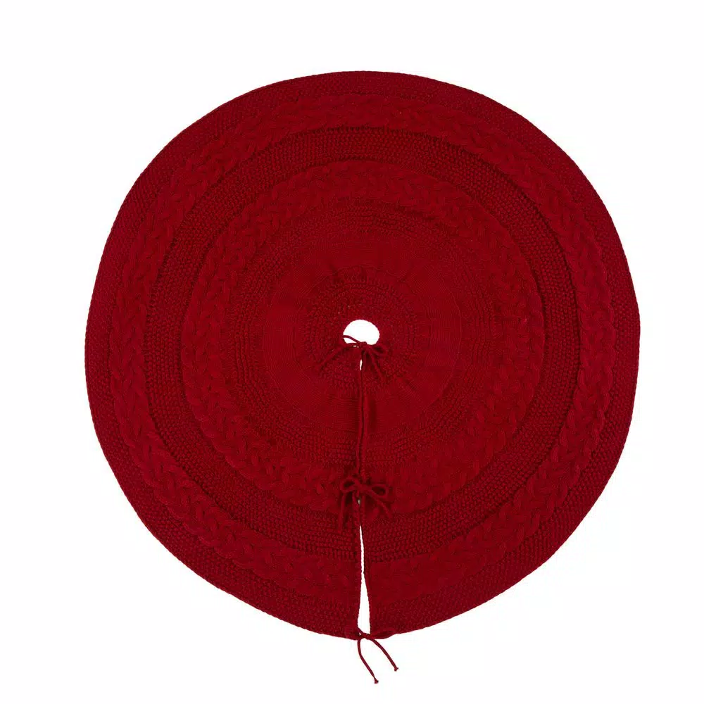 Glitzhome 52 In. D Knitted Acrylic Red Christmas Tree Skirt 3 Glitzhome 52 In. D Knitted Acrylic Red Christmas Tree Skirt