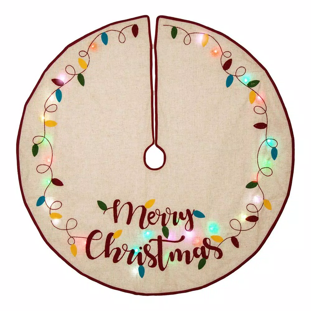 Glitzhome 48 In. D LED Embroidered Linen Christmas Tree Skirt – Merry Christmas 3 Glitzhome 48 In. D LED Embroidered Linen Christmas Tree Skirt – Merry Christmas
