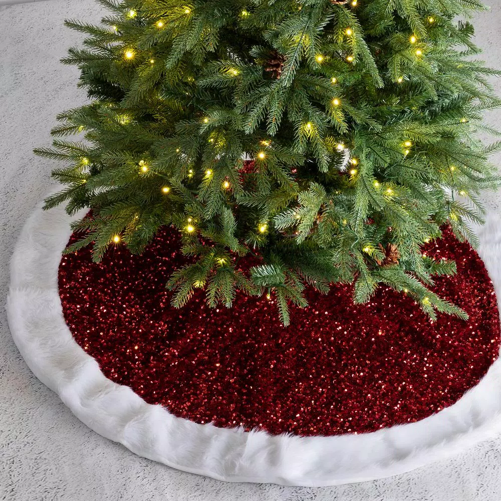 Glitzhome 48 In. D Red Sequin Christmas Tree Skirt 7 Glitzhome 48 In. D Red Sequin Christmas Tree Skirt - Image 5